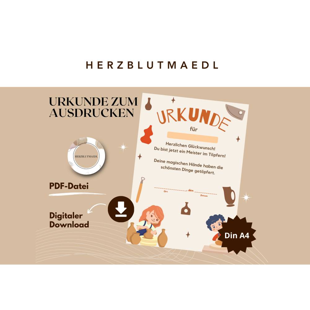 Töpfer-Urkunde für Kinder – Personalisierte Urkunde zum Ausdrucken für Töpfer-Events, Kindergeburtstage, Workshops Bild 1