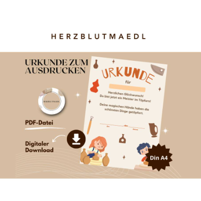 Töpfer-Urkunde für Kinder – Personalisierte Urkunde zum Ausdrucken für Töpfer-Events, Kindergeburtstage, Workshops
