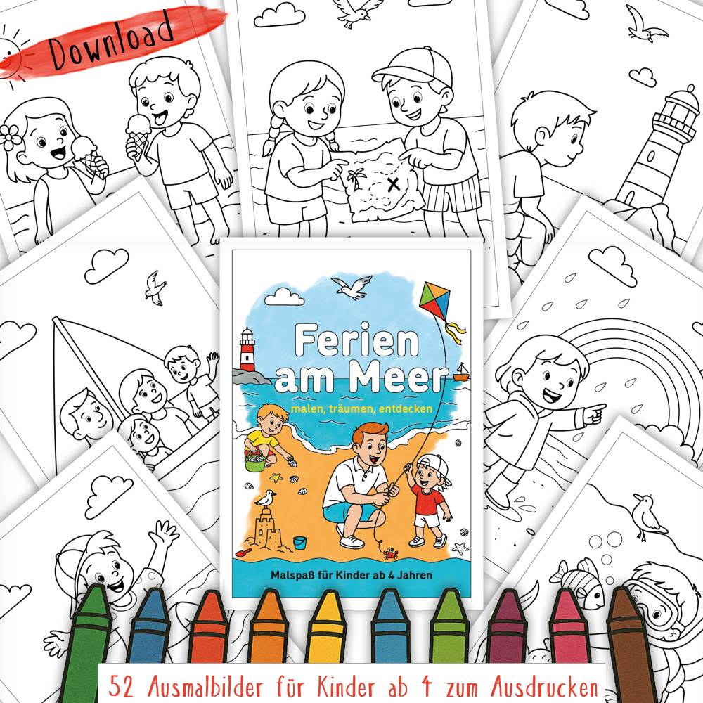 52 Ausmalbilder Ferien am Meer für Kinder ab 4 Jahren, PDF-Download Bild 1