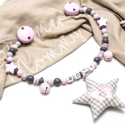 Kinderwagenkette mit Namen rosa/grau
