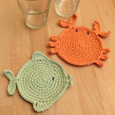 gehäkelter Glasuntersetzer, Fisch oder Krabbe aus Biobaumwolle in 29 Farben, Handarbeit