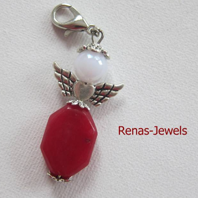 Schutzengel Anhänger Jade dunkelrot weiß silberfarben – Schutzengelanhänger Edelstein mit Karabiner