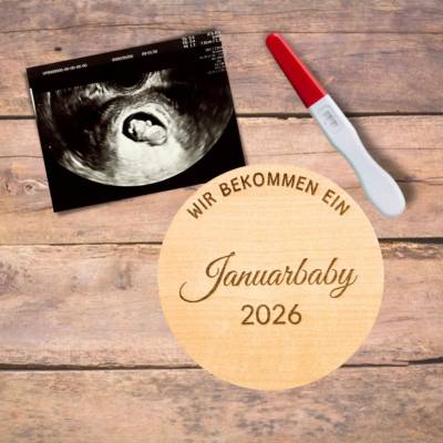Meilensteinkarte Wir bekommen ein Januarbaby 2026  10cm Durchmesser, Verkündung Schwangerschaft Geburt 2026 Holzscheibe 