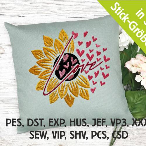 Stickdatei Sonnenblume Love in 5 Größen, Maschinenstickerei, Stickmuster mit Herz und Sonnenblumen Motiv