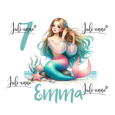 Bügelbild GEBURTSTAG MERMAID CUTIE 5 auf Stein  personalisiert Zahl & Name