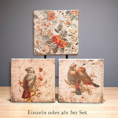DekoFliese Untersetzer aus Travertin, BIRDS & FLOWERS, Tischdeko handgemacht mit Vintage Motiven im Landhausstil kaufen