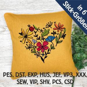 Stickdatei Blumenherz in 6 Größen, Maschinenstickerei, Stickmuster mit Blumen Motiv Bild 1