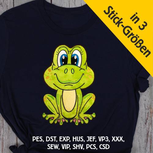 Stickdatei Applikation Frosch Oskar in 3 Größen, Maschinenstickerei, Stickmuster mit Tiermotiv