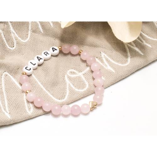 Armband mit Namen Mädchen, Geschenk Kommunion, Einschulung, Rosenquarz Namensarmband