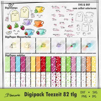 82 tlg. DigiPack Teezeit - Digitales Kreativpaket mit Tassen & Teebeuteln – DigiStamps, Papiere & Sprüche