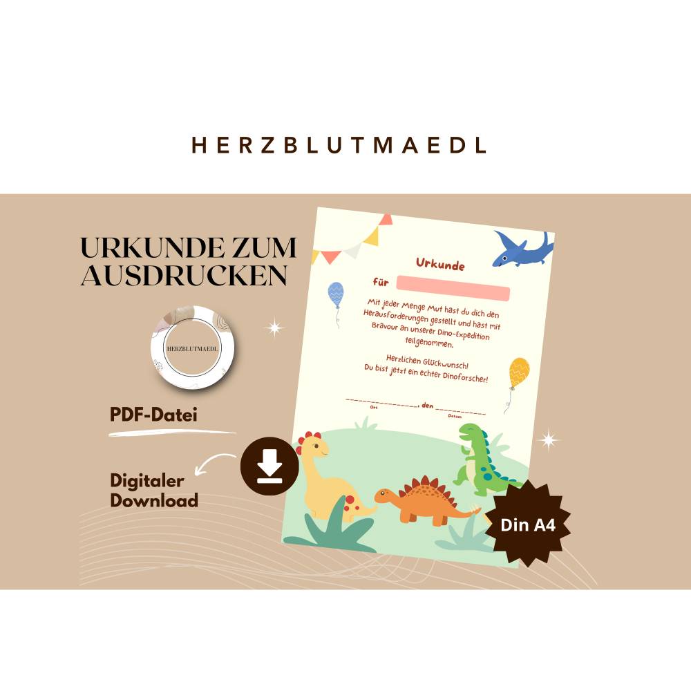 Personalisierte Dino Urkunde – Mitgebsel für Dinoparty, Dinosaurier Kindergeburtstag, Dino Forscher Zertifikat Bild 1