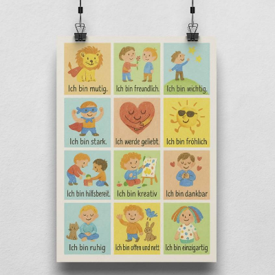 Affirmationsposter für Kinder – 12 Ich-Botschaften – Liebevoll illustriert – DIN A4, A3, A2 & A1 – Geschenk zur Einschulung