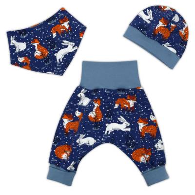 3tlg. Set Pumphose-Mütze-Tuch Hase & Fuchs - Geschenk Geburt - Jungen Frühchen