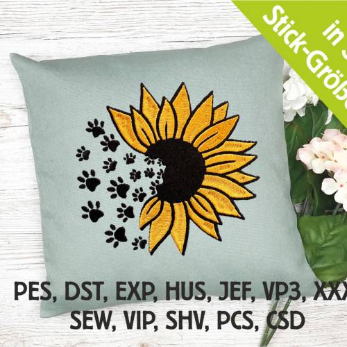 Stickdatei Sonnenblume mit Hundepfoten in 6 Größen, Maschinenstickerei, Stickmuster mit Blumen und Hunde Motiv