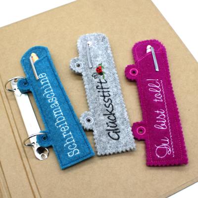 ITH Stickdatei Ringbuch Ordner Etuis Stifteetui schmal für Kugelschreiber 14 Motive