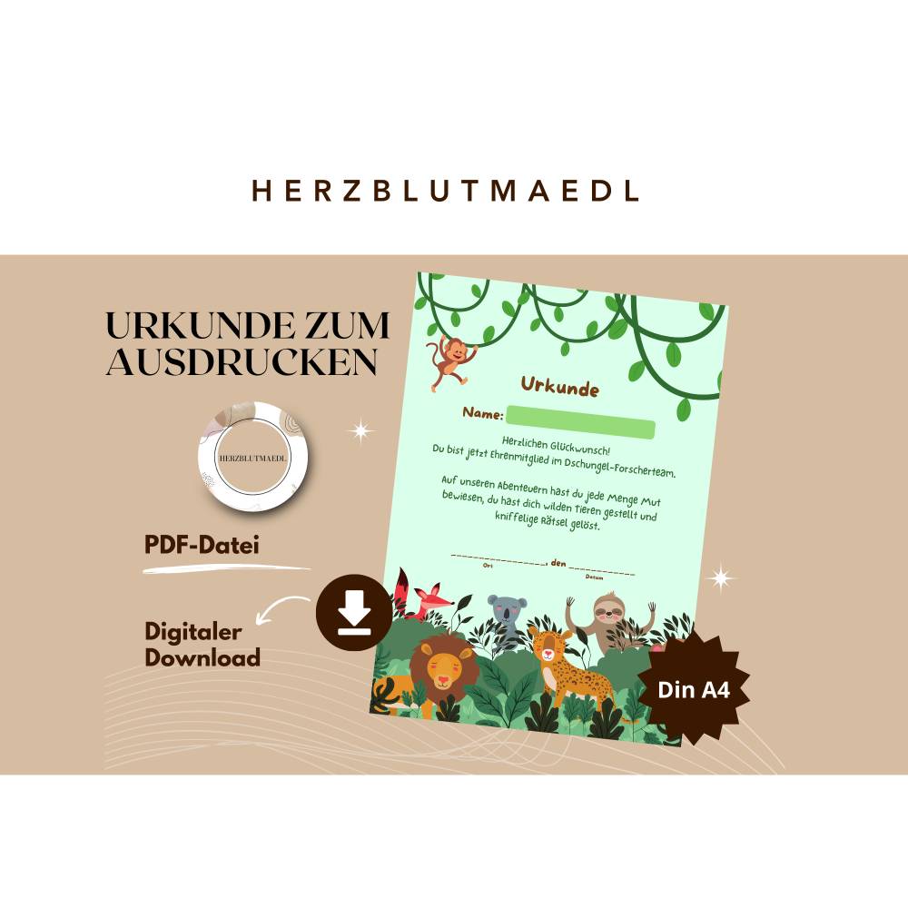 Dschungelparty Mitgebsel – Personalisierte Urkunden zum Ausdrucken für Kindergeburtstag & Abenteuerfeier Bild 1