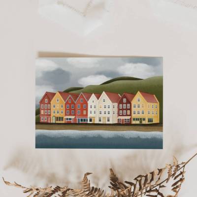 Postkarte Norwegen Häuser in Bergen Karte Reise - Postkarte Norwegischer Fjord Küstenstadt - Geschenkverpackung Reise 