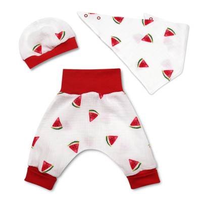 3tlg. Musselin-Set Pumphose-Mütze-Tuch 