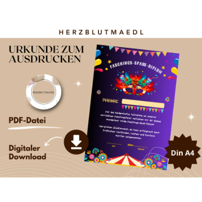 Faschingsurkunde für den Kinderfasching als Mitgebsel | Urkunde Fasching | A4 | Urkunden ausdrucken | Kinderparty | 