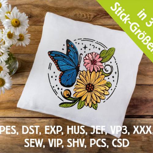 Stickdatei Blumen Schmetterling im Ring in 6 Größen, Maschinenstickerei, Stickmuster mit Blumen Motiv