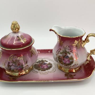 Porzellan Set rosa/Rot 24 Karat vergoldet, aus Bayern