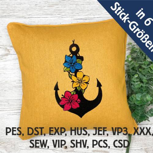 Stickdatei ANKER in 6 Größen, Maschinenstickerei, Stickmuster mit Blumen Motiv