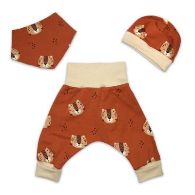 3tlg. Set Pumphose-Mütze-Tuch Leopard - Geschenk Geburt - Jungen Frühchen