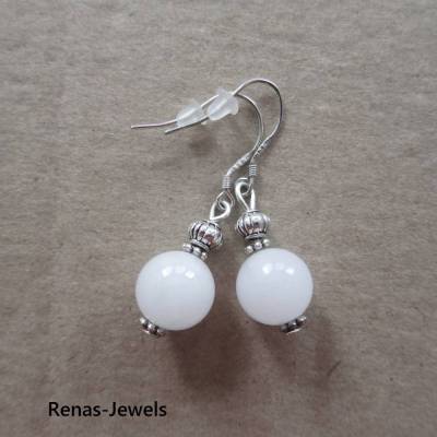 Opalglas Ohrhänger weiß silberfarben mit 925 Silber Ohrhaken – elegante Glas Ohrringe mit Perlen