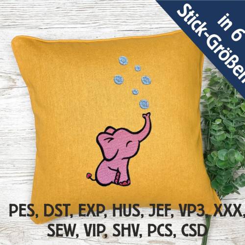 Stickdatei Elefant mit Blasen in 6 Größen, Maschinenstickerei, Stickmuster mit Tier Motiv