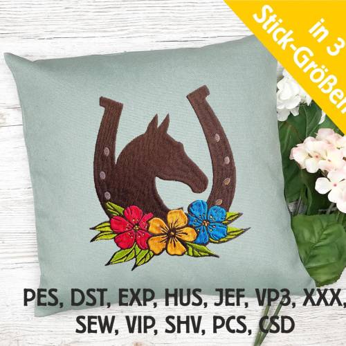 Stickdatei Hufeisen in 6 Größen, Maschinenstickerei, Stickmuster mit Blumen Motiv