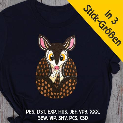 Stickdatei Applikation Gürteltier Schorsch in 3 Größen, Maschinenstickerei, Stickmuster mit Tiermotiv