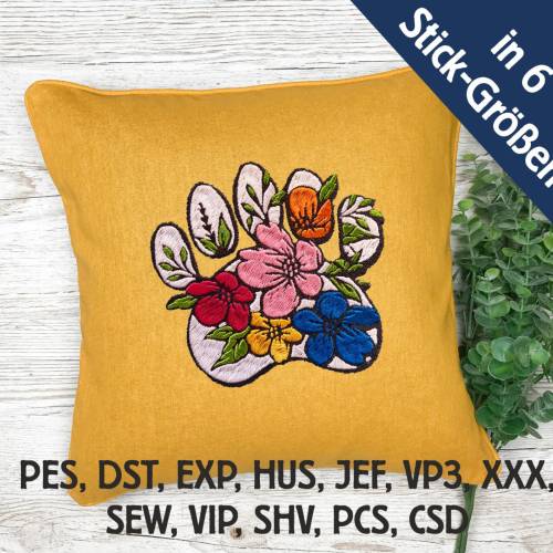 Stickdatei florale Hundepfote in 6 Größen, Maschinenstickerei, Stickmuster mit Hundemotiv