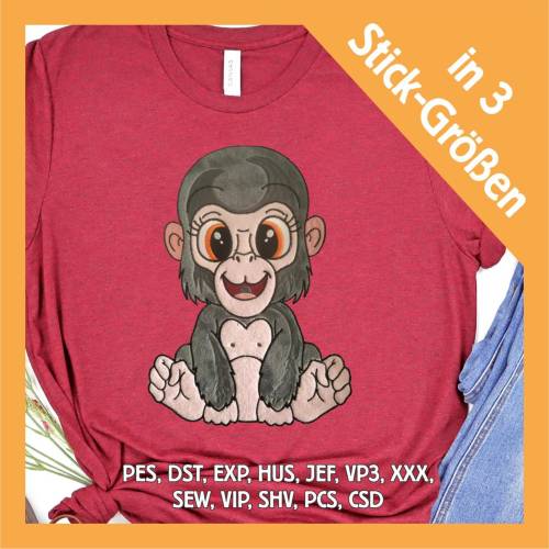 Stickdatei Applikation Gorilla Bruno in 3 Größen, Maschinenstickerei, Stickmuster mit Tiermotiv