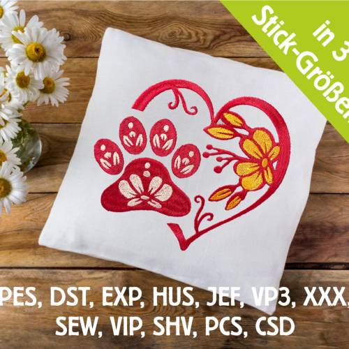 Stickdatei Herz mit Hundepfote floral in 6 Größen, Maschinenstickerei, Stickmuster mit Hundemotiv