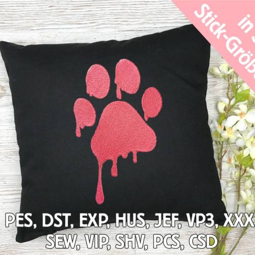 Stickdatei Hundepfote schmelzend in 6 Größen, Maschinenstickerei, Stickmuster mit Hundemotiv