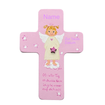 Schutzengelkreuz Mädchen – Personalisiertes Taufkreuz aus Holz als Geschenk zur Taufe & Geburt