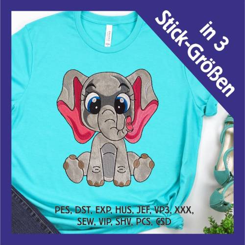 Stickdatei Applikation Elefant Betty in 3 Größen, Maschinenstickerei, Stickmuster mit Tiermotiv