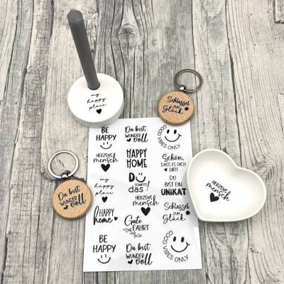 Rub Ons I Rub-On, HAPPY,  A6, schwarz,  randlos, z.B. f. Raysin / Keraflott oder für Schlüsselanhänger etc.