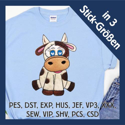 Stickdatei Applikation Kuh Helga in 3 Größen, Maschinenstickerei, Stickmuster mit Tiermotiv