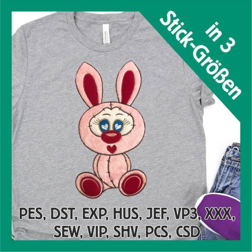 Stickdatei Applikation Hase Roger Polizei in 3 Größen, Maschinenstickerei, Stickmuster mit Tiermotiv