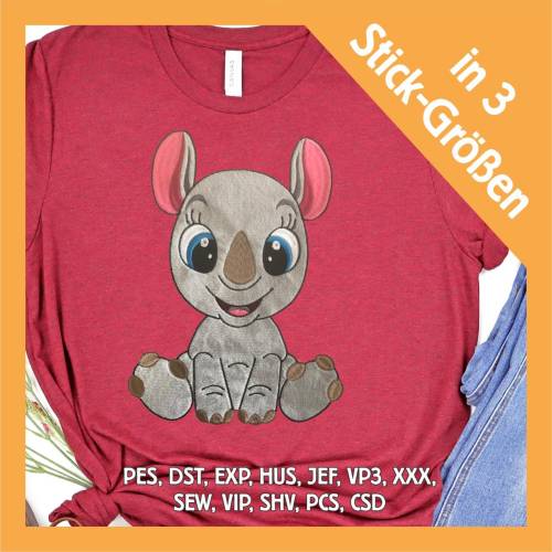 Stickdatei Applikation Nashorn Susi in 3 Größen, Maschinenstickerei, Stickmuster mit Tiermotiv