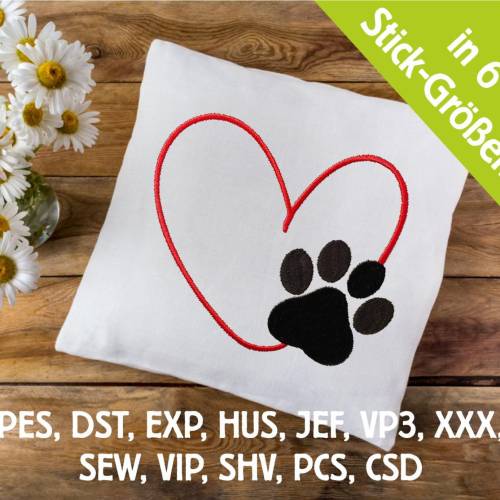 Stickdatei Herz mit Hunde Pfote in 6 Größen, Maschinenstickerei, Stickmuster mit Hundemotiv