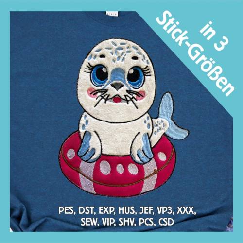 Stickdatei Applikation Robbe Eddy Polizei in 3 Größen, Maschinenstickerei, Stickmuster mit Tiermotiv