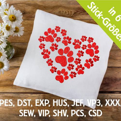 Stickdatei Pfotenherz aus Hundepfoten in 6 Größen, Maschinenstickerei, Stickmuster mit Hundemotiv