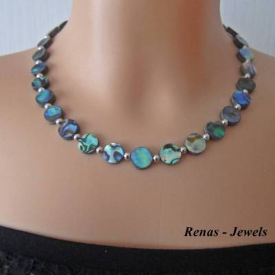 Abalone Paua Perlmutt Kette rund – Regenbogenfarben, 44 cm, 10 mm Perlen