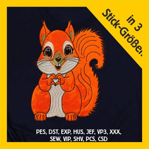 Stickdatei Applikation Eichhörnchen Fritzi in 3 Größen, Maschinenstickerei, Stickmuster mit Tiermotiv