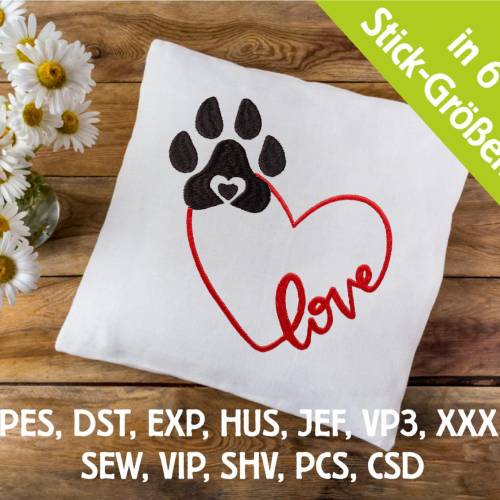Stickdatei Loveherz simple und Hundepfote in 6 Größen, Maschinenstickerei, Stickmuster mit Hundemotiv