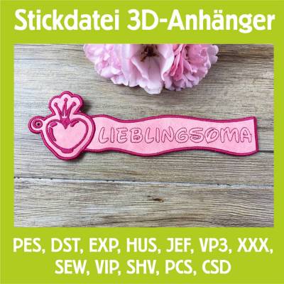 Stickdatei 3D-Anhänger LIEBLINGSOMA, Maschinenstickerei, Stickmuster mit Trapunto-Effekt, 3D-Stick, Lesezeichen
