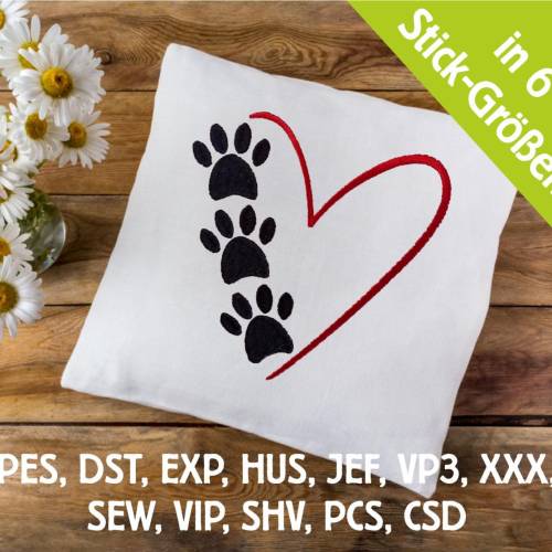 Stickdatei 3 Hundepfoten und Herz in 6 Größen, Maschinenstickerei, Stickmuster mit Hundemotiv