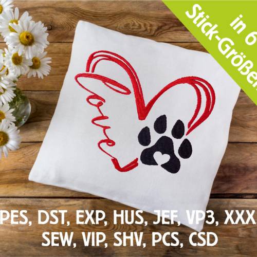 Stickdatei Loveherz double Hundepfote in 6 Größen, Maschinenstickerei, Stickmuster mit Hundemotiv